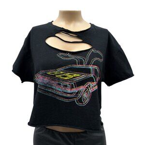 PalmerCash Cutout Neck Distressed Black Short Sleeve Crop Top Graphic Tee Small